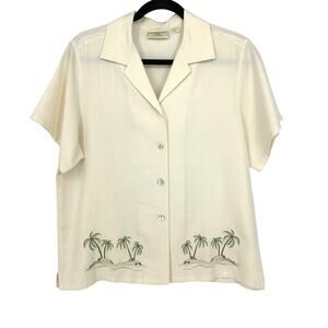Banana Bay Resortwear Button Front Short Sleeve Shirt Sz L Silk Cream Palm Tree